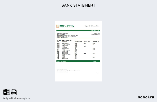 цифровая загрузка шаблона слова выписки из банка Banca Intesa в Польше